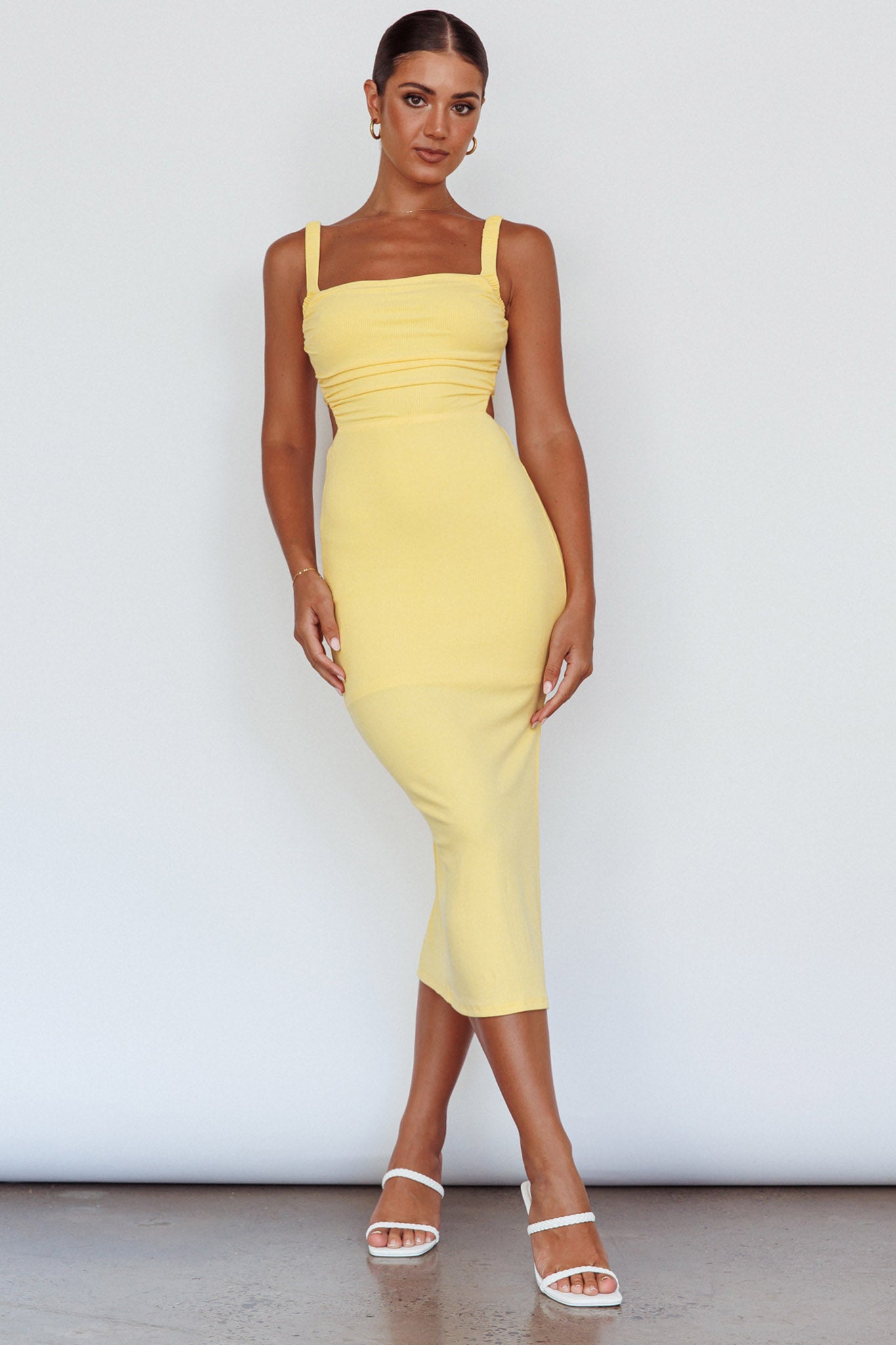 Dream Crush Lace-Up Back Side Split Midi Dress Lemon by Selfie Leslie