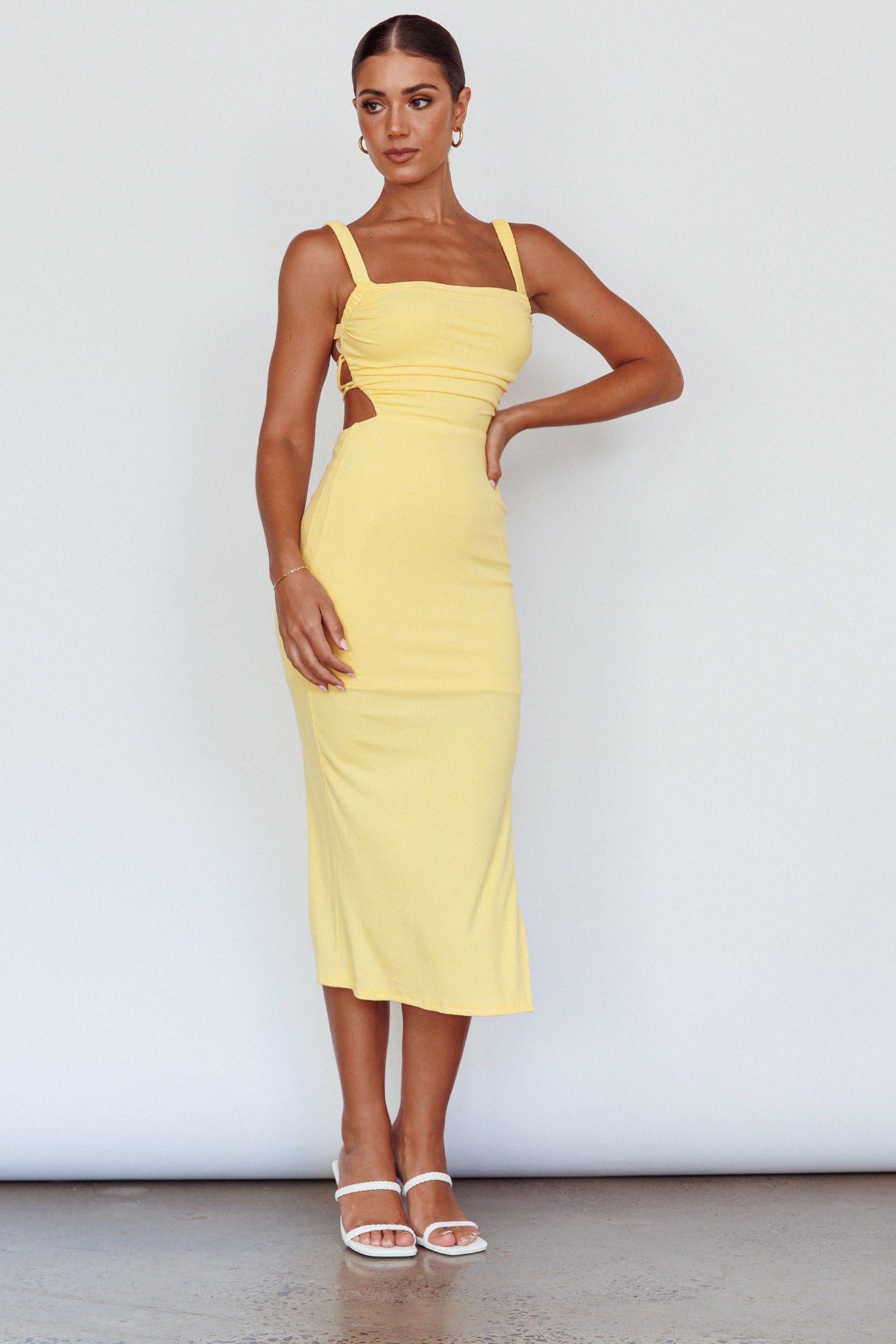 Dream Crush Lace-Up Back Side Split Midi Dress Lemon by Selfie Leslie