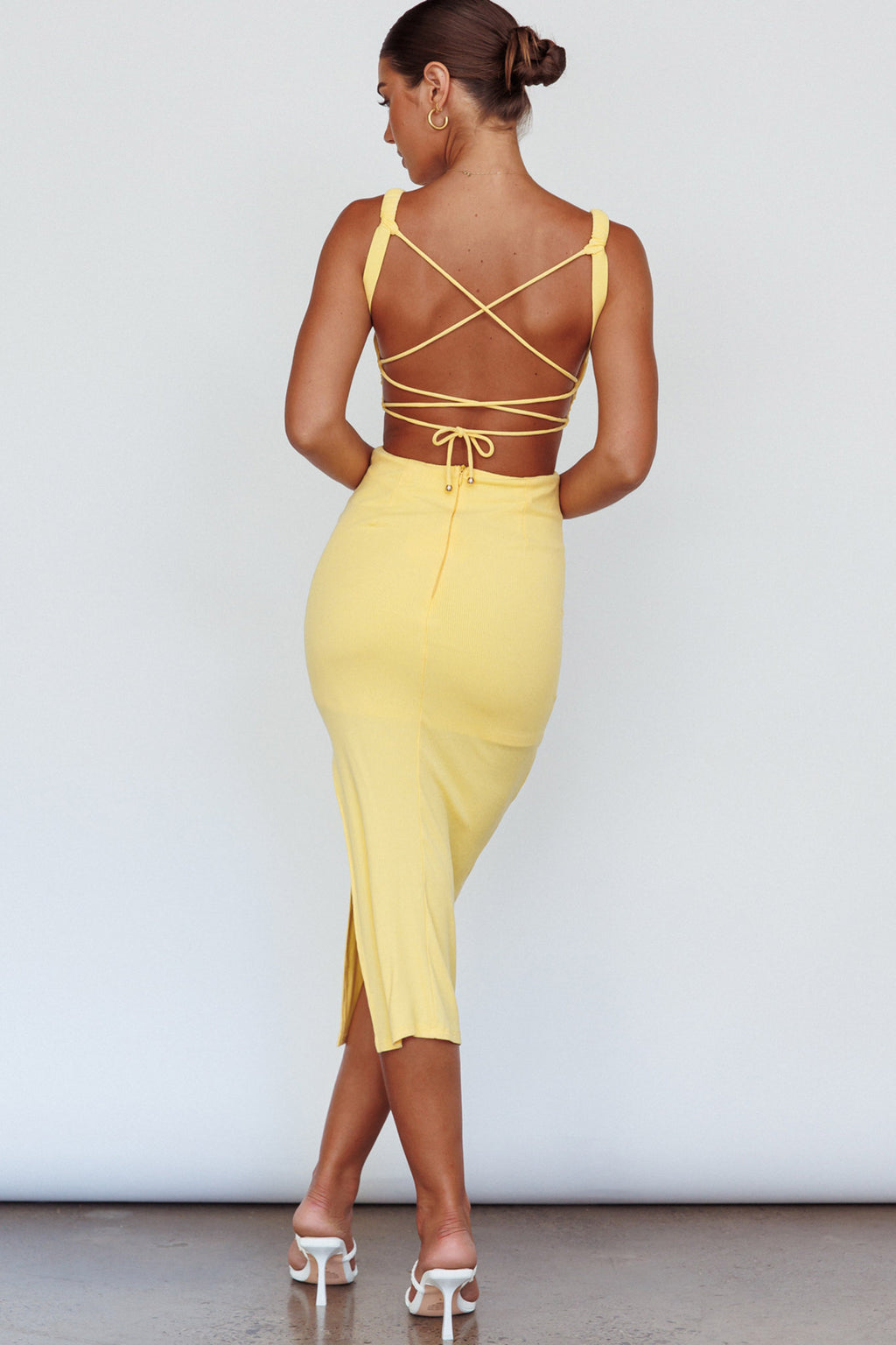 Dream Crush Lace-Up Back Side Split Midi Dress Lemon by Selfie Leslie