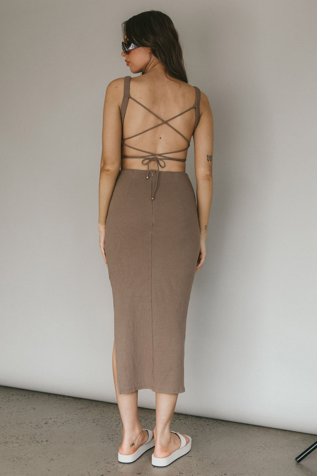 Dream Crush Lace-Up Back Side Split Midi Dress Khaki by Selfie Leslie