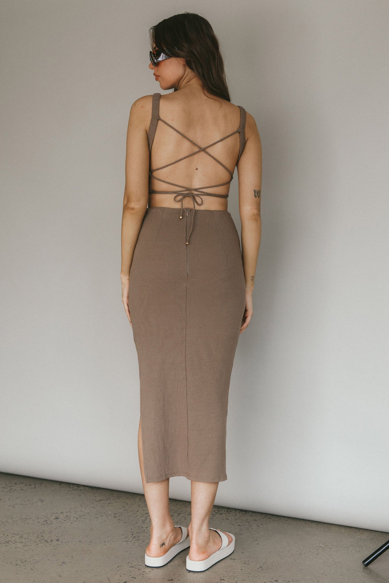 Dream Crush Lace-Up Back Side Split Midi Dress Khaki by Selfie Leslie