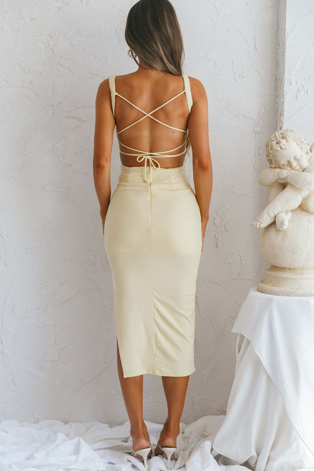 Dream Crush Lace-Up Back Side Split Midi Dress Lemon by Selfie Leslie