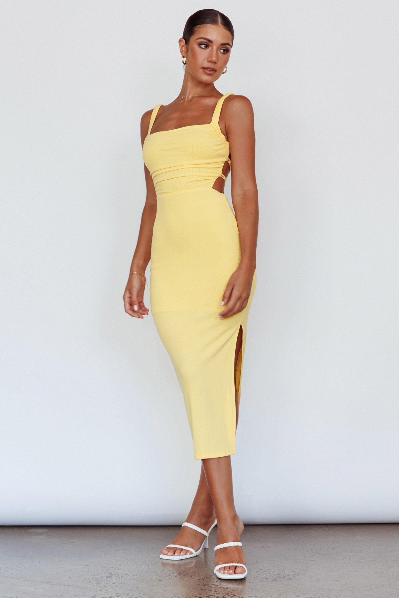 Dream Crush Lace-Up Back Side Split Midi Dress Yellow by Selfie Leslie