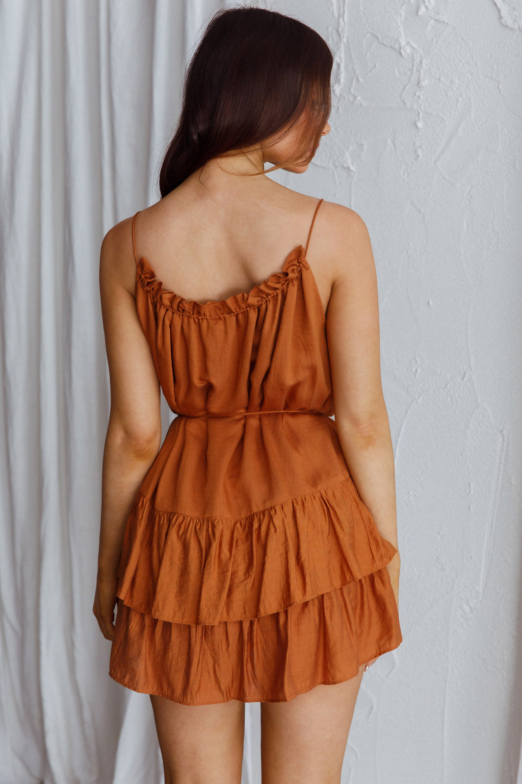 Madeira Drawstring Neckline Frill Mini Dress Tan by Selfie Leslie