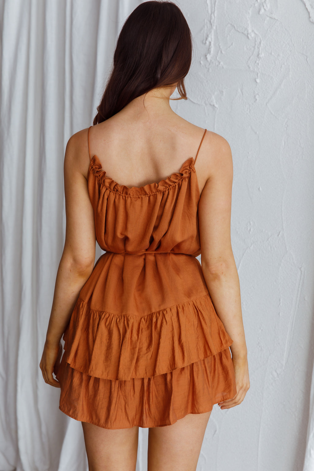 Madeira Drawstring Neckline Frill Mini Dress Tan by Selfie Leslie