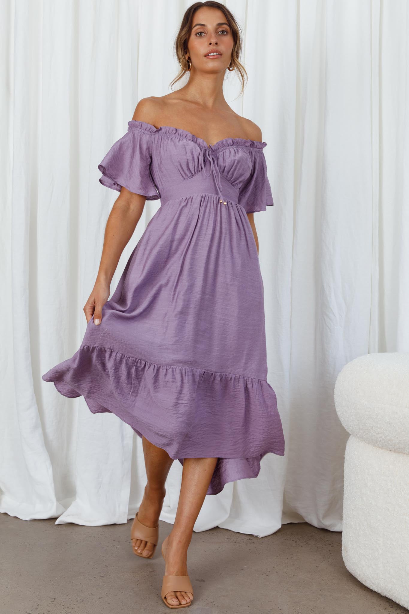 Dandelion Off-Shoulder Tied Back Midi Dress Purple by Selfie Leslie