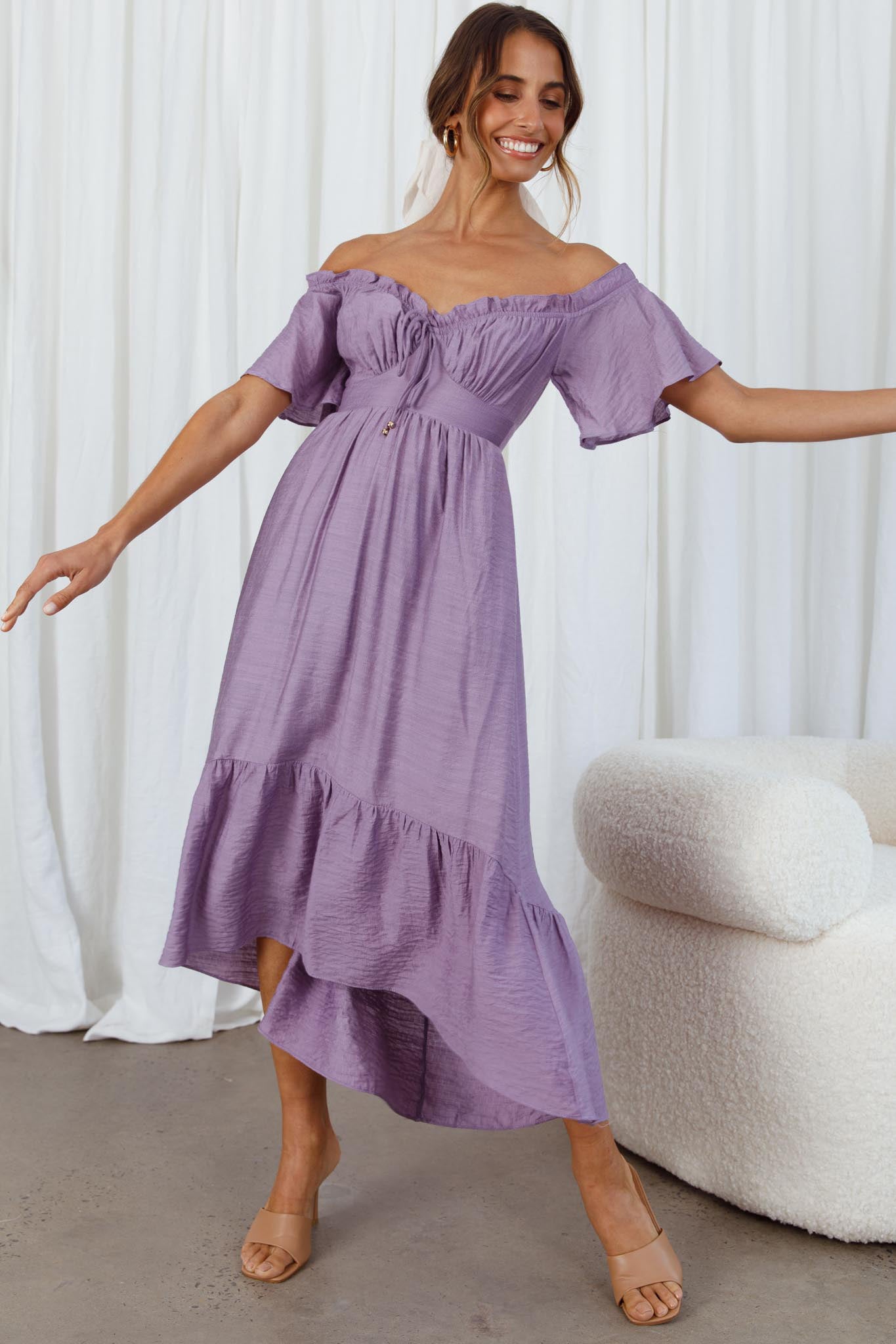 Dandelion Off-Shoulder Tied Back Midi Dress Purple by Selfie Leslie