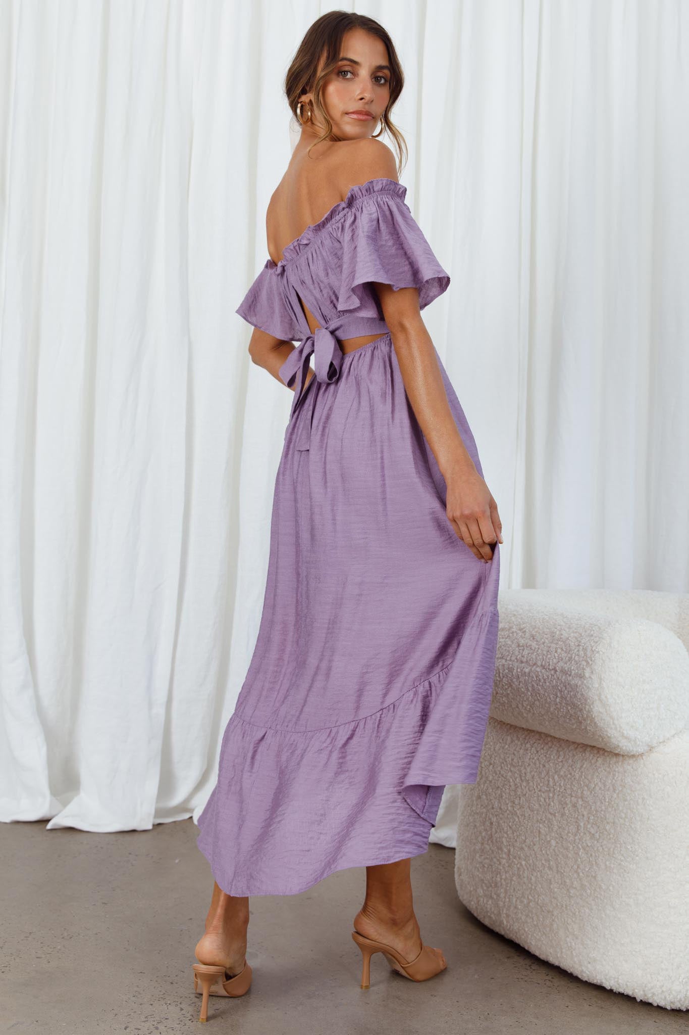 Dandelion Off-Shoulder Tied Back Midi Dress Purple by Selfie Leslie