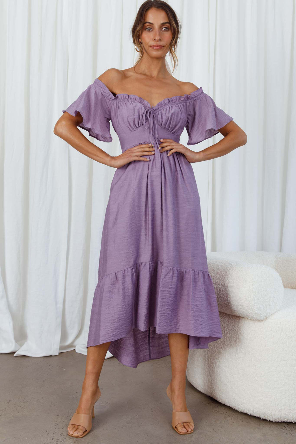 Dandelion Off-Shoulder Tied Back Midi Dress Purple by Selfie Leslie