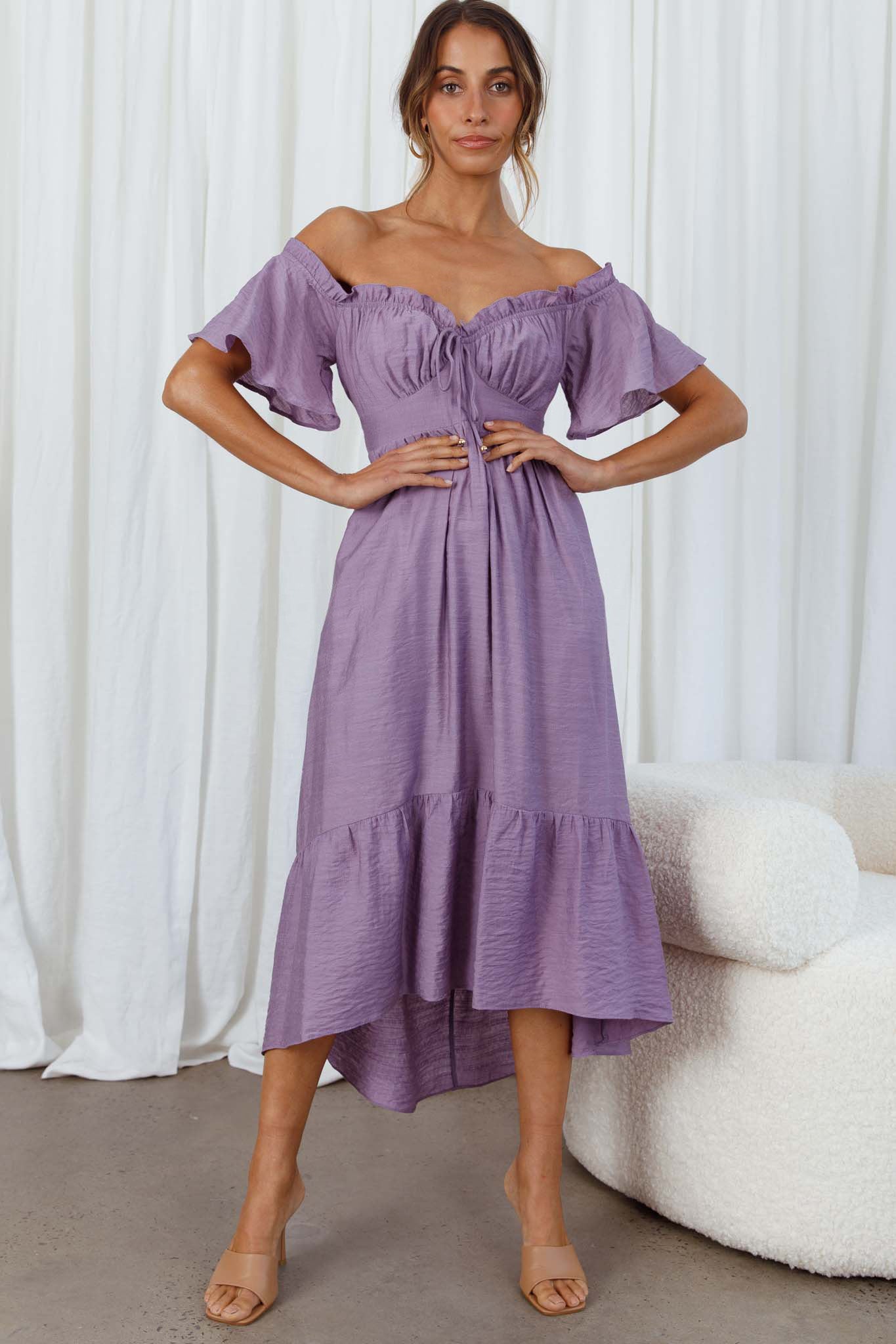 Dandelion Off-Shoulder Tied Back Midi Dress Purple by Selfie Leslie