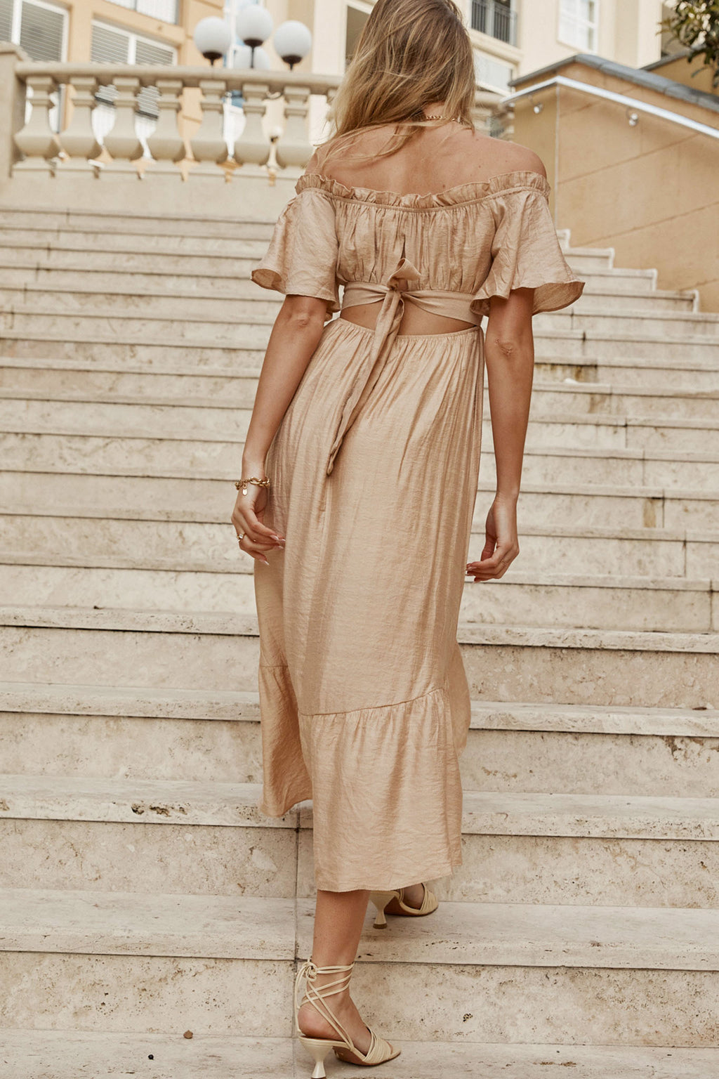 Dandelion Off-Shoulder Tied Back Midi Dress Sand by Selfie Leslie