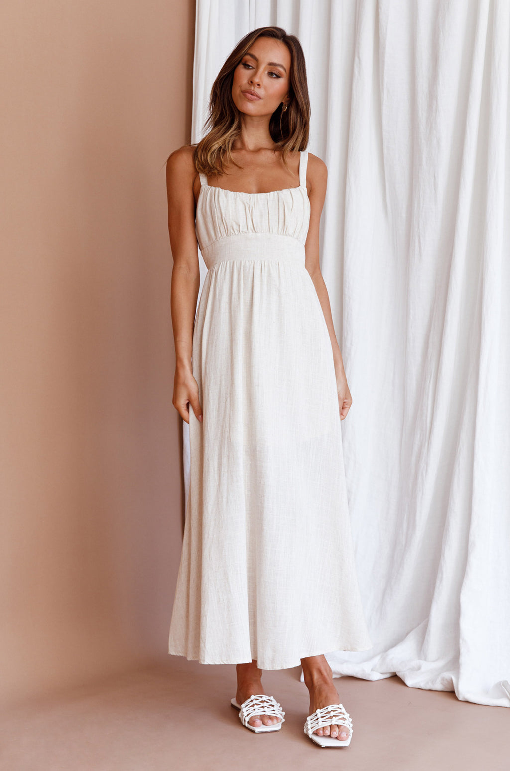 Roberta Gathered Bust Midi Dress Natural by Selfie Leslie