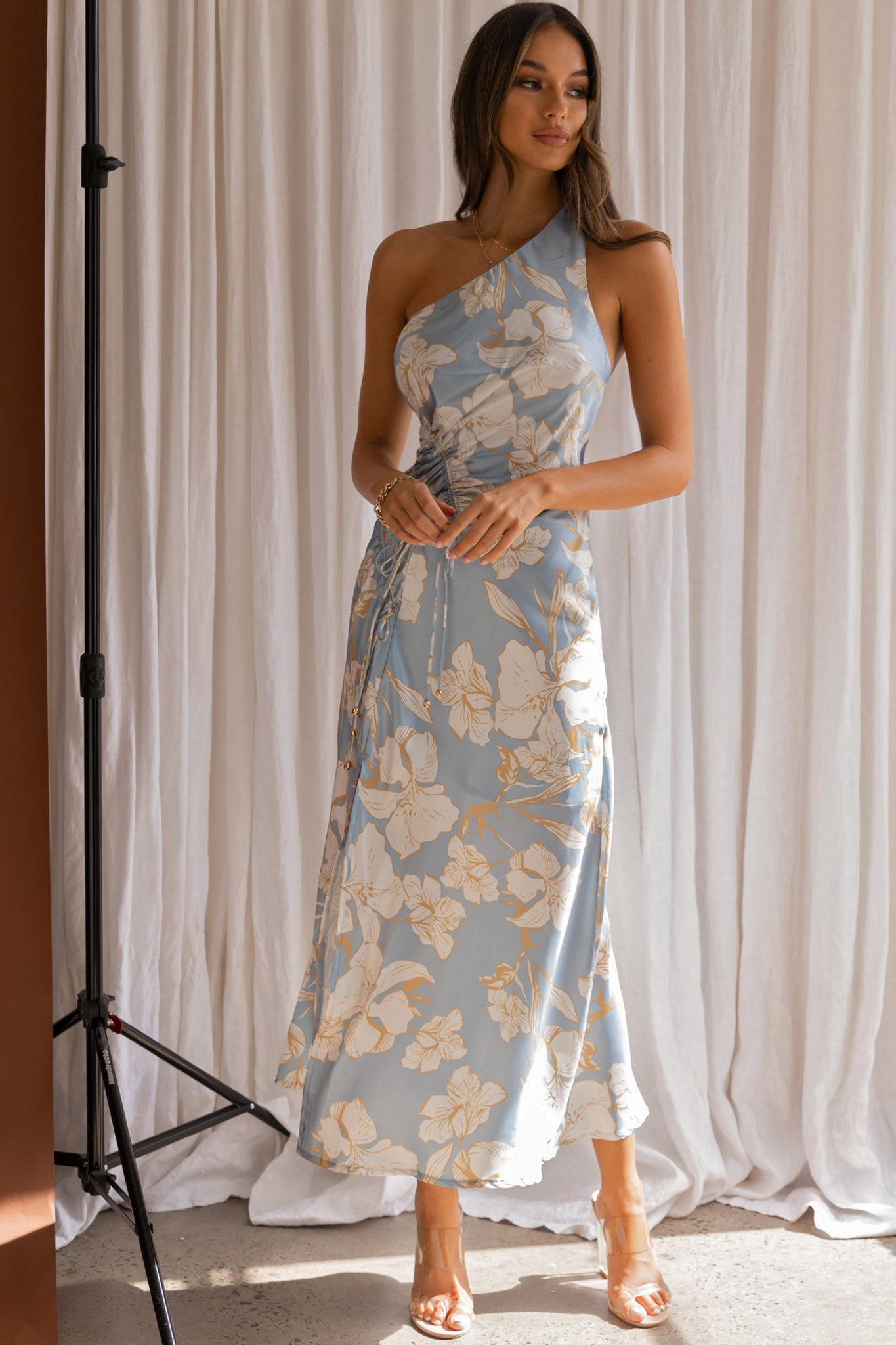 Shop the Casa Del Mar One-Shoulder Ruched Midi Dress Floral Blue