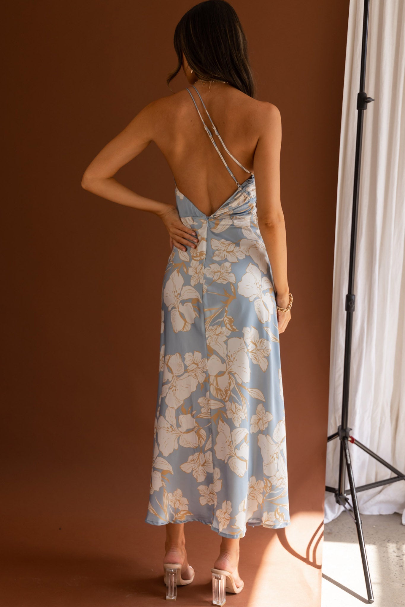 Casa Del Mar One-Shoulder Ruched Midi Dress Floral Blue by Selfie Leslie