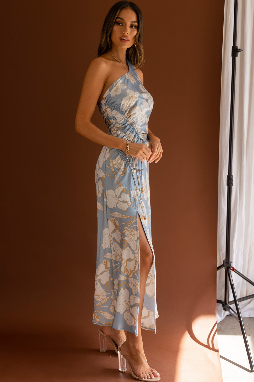 Casa Del Mar One-Shoulder Ruched Midi Dress Floral Blue by Selfie Leslie