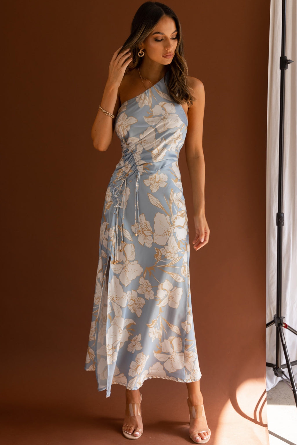 Casa Del Mar One-Shoulder Ruched Midi Dress Floral Blue by Selfie Leslie