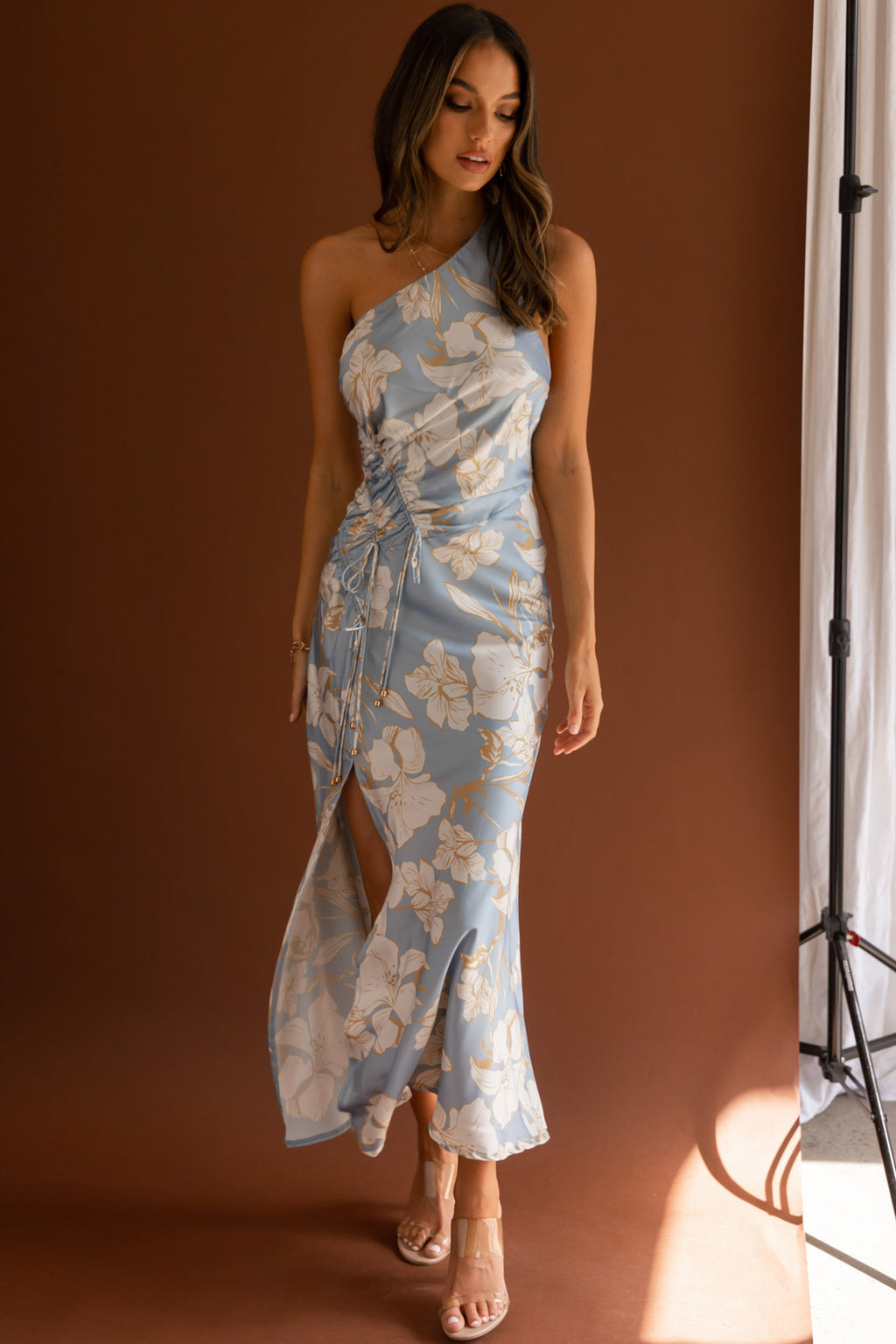 Casa Del Mar One-Shoulder Ruched Midi Dress Floral Blue by Selfie Leslie