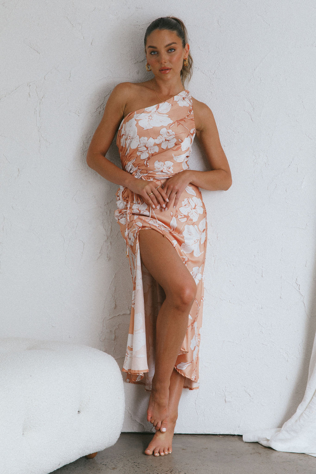 Casa Del Mar One-Shoulder Ruched Midi Dress Floral Blush by Selfie Leslie