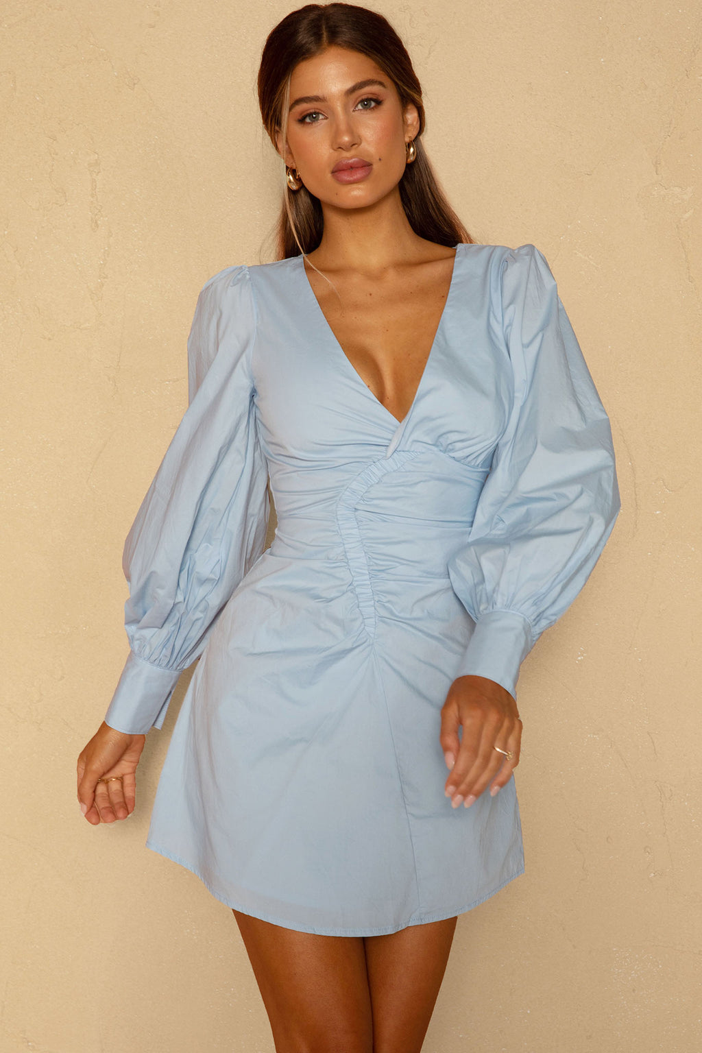 Josie Long Sleeved Ruched Feature Mini Dress Blue by Selfie Leslie