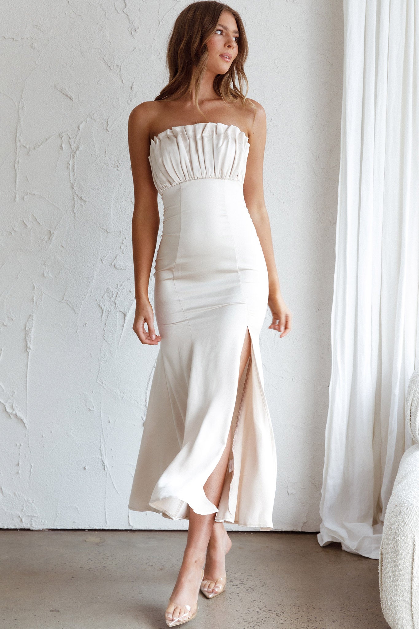 Tivoli Strapless Gathered Bust Midi Dress Champagne by Selfie Leslie