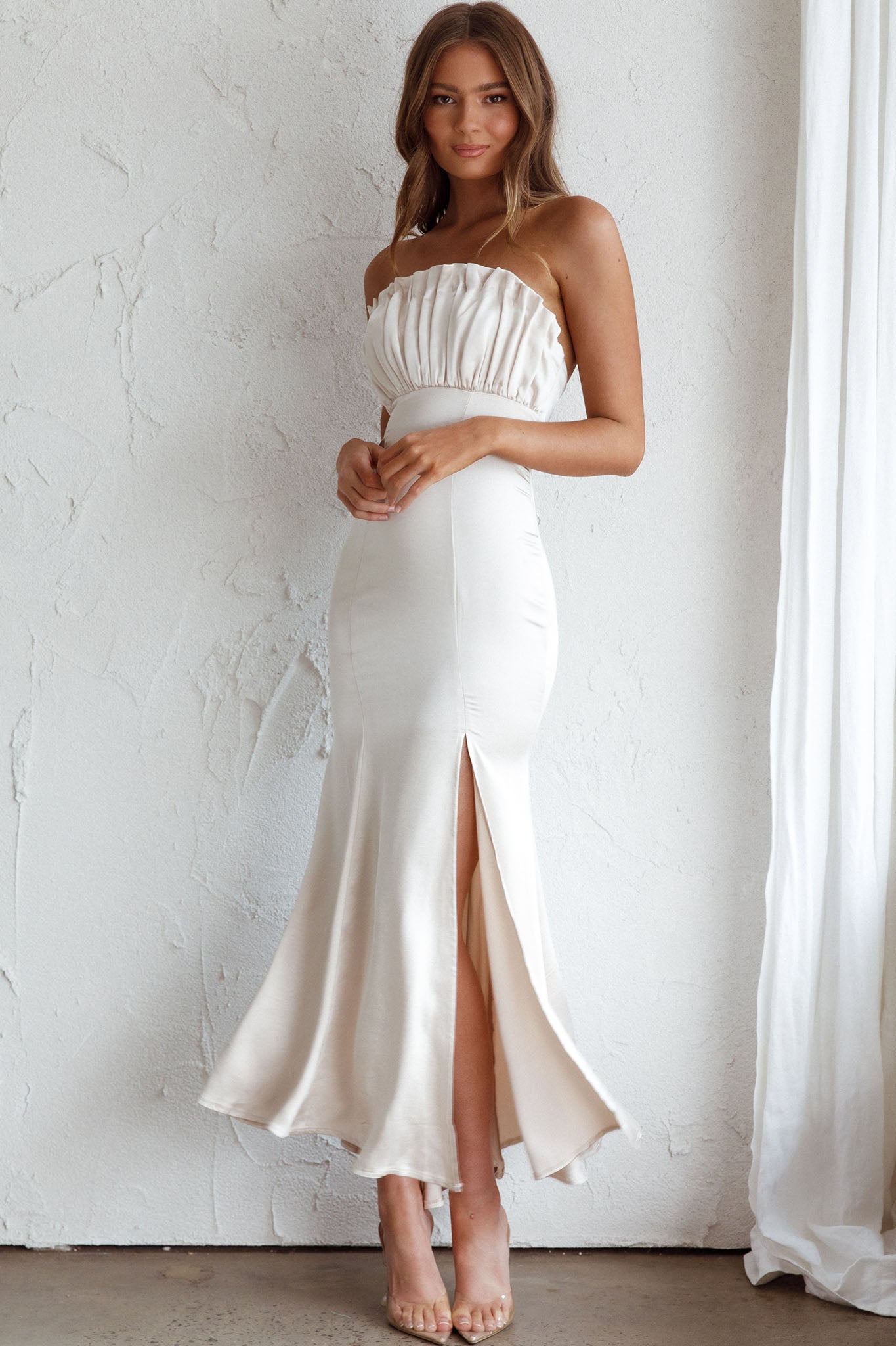 Tivoli Strapless Gathered Bust Midi Dress Champagne by Selfie Leslie