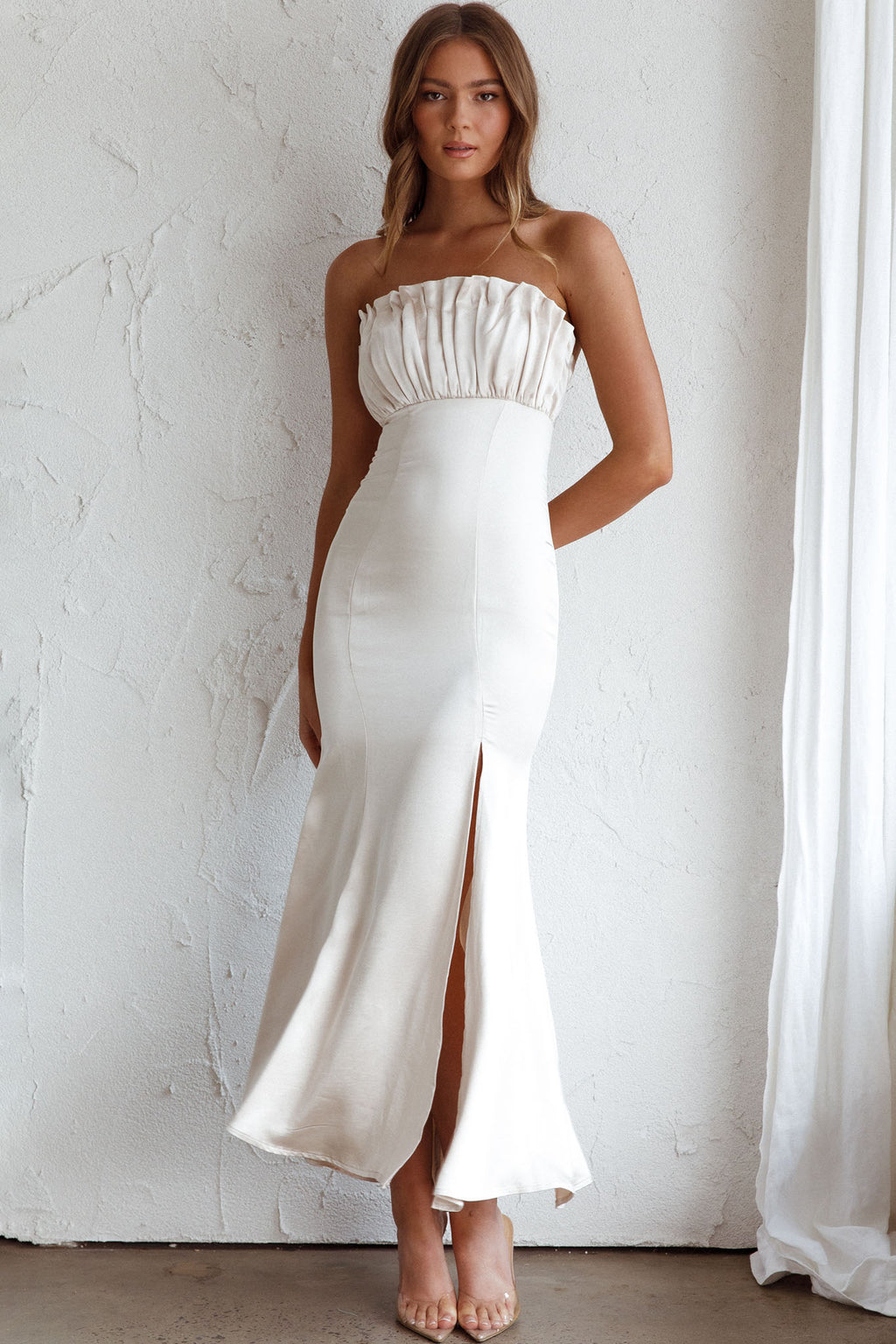 Tivoli Strapless Gathered Bust Midi Dress Champagne by Selfie Leslie