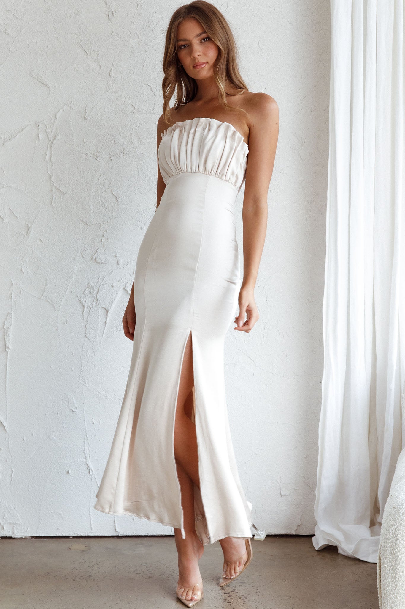 Tivoli Strapless Gathered Bust Midi Dress Champagne by Selfie Leslie