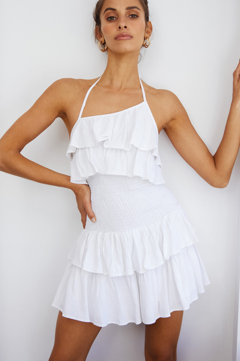 Kristy Halterneck Shirred Bodice Ruffle Mini Dress White by Selfie Leslie