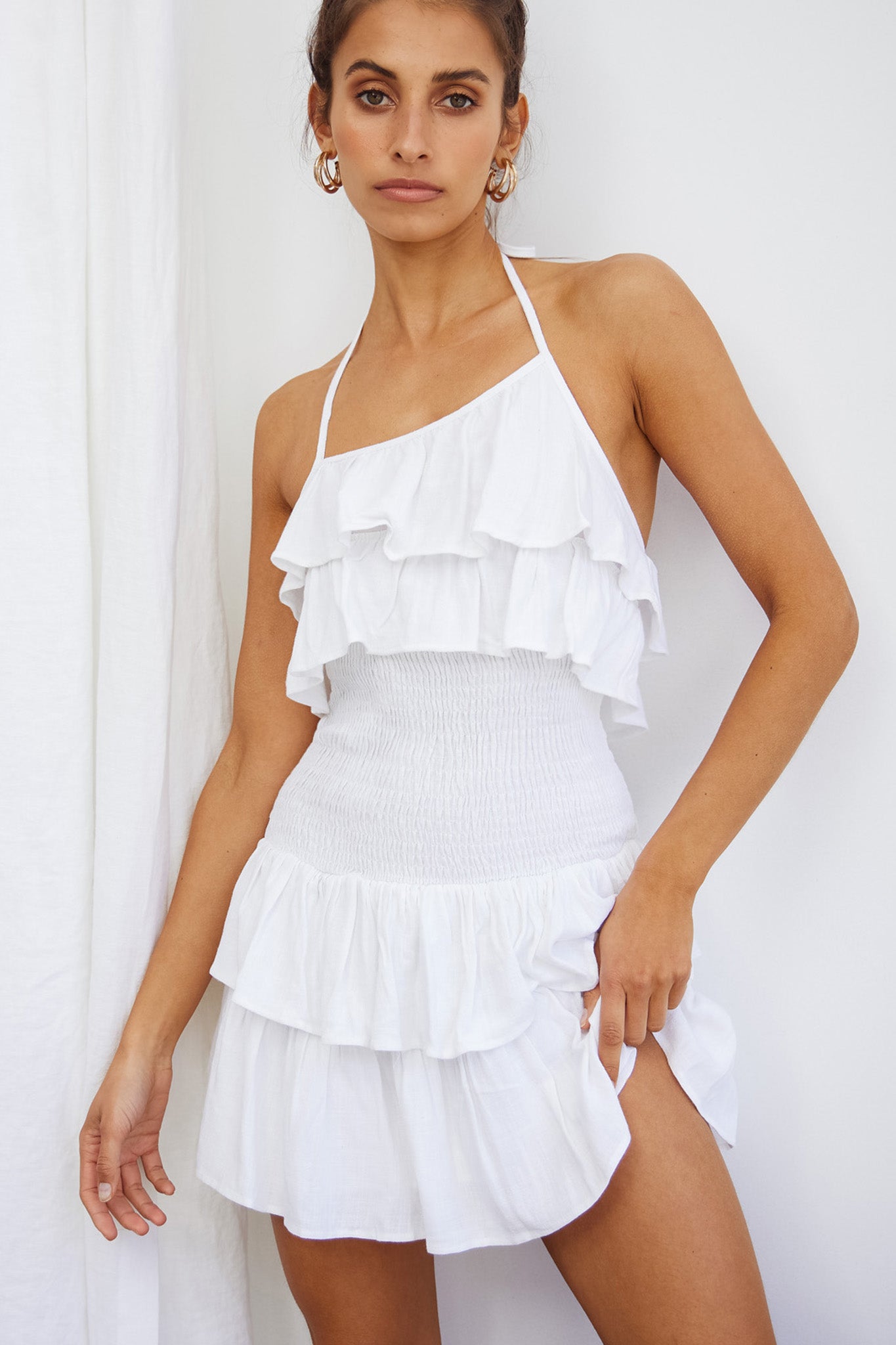 Kristy Halterneck Shirred Bodice Ruffle Mini Dress White by Selfie Leslie