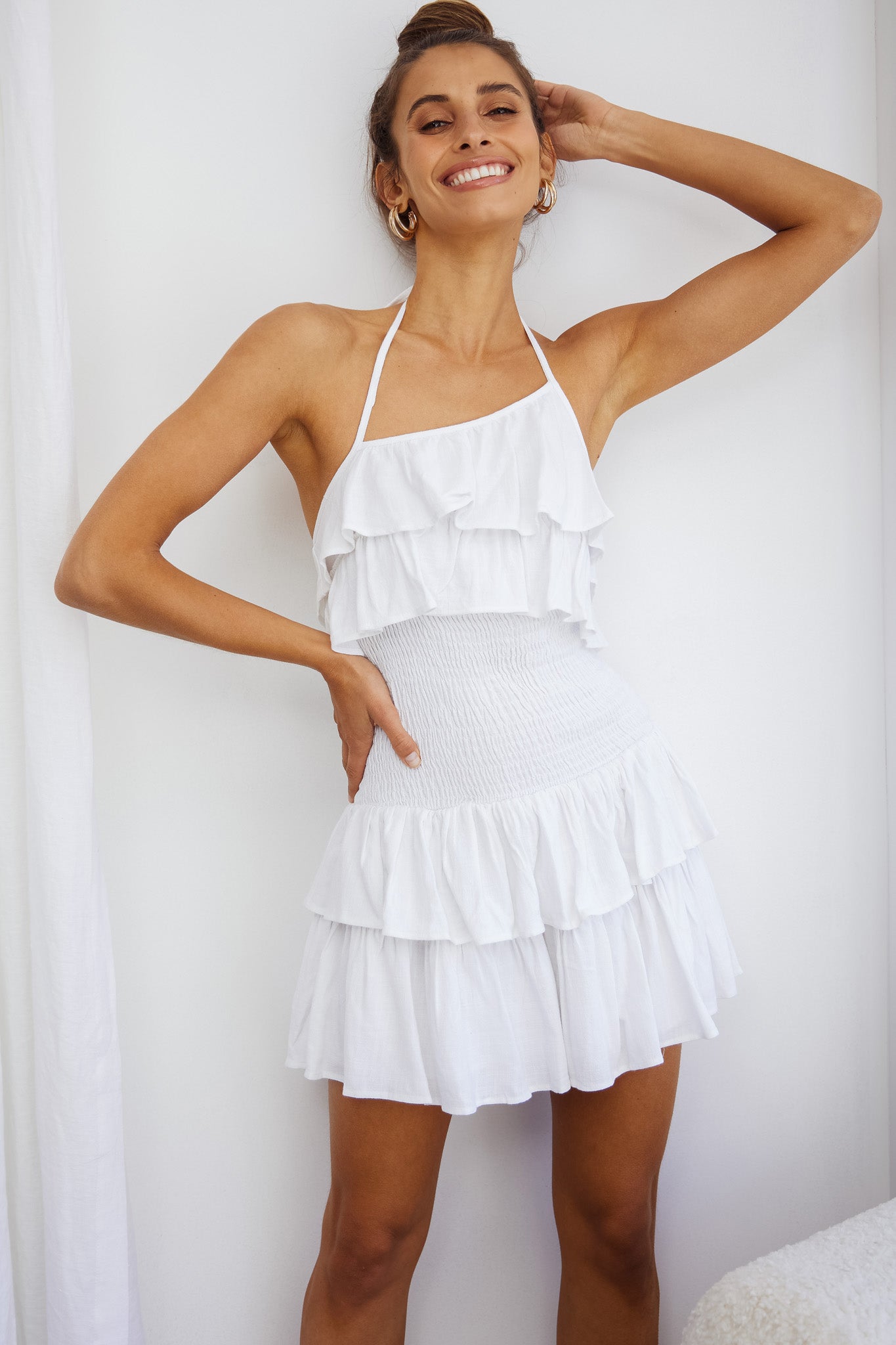 Kristy Halterneck Shirred Bodice Ruffle Mini Dress White by Selfie Leslie