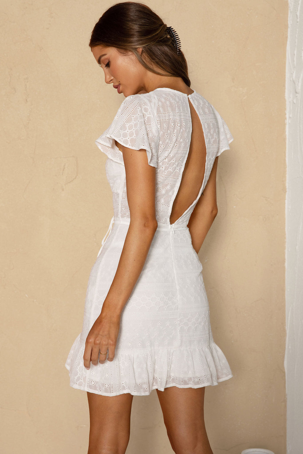Moving On Flutter Sleeve String Tie Waist Eyelet Mini Dress White by Selfie Leslie