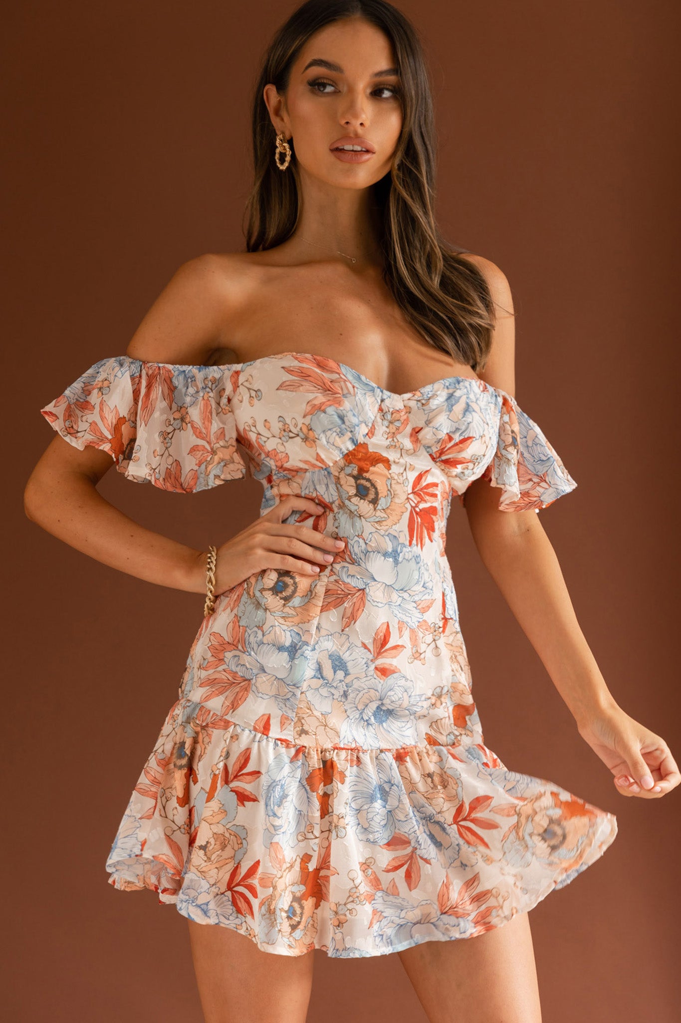Park Avenue Flutter Sleeve Mini Dress Floral Peach by Selfie Leslie