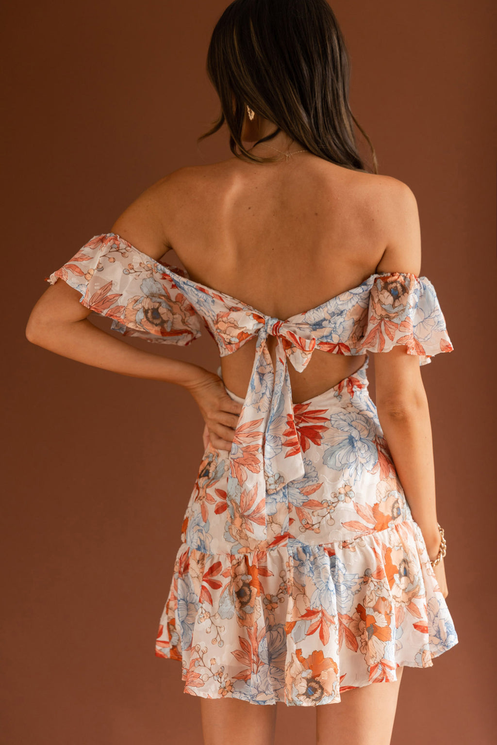 Park Avenue Flutter Sleeve Mini Dress Floral Peach by Selfie Leslie