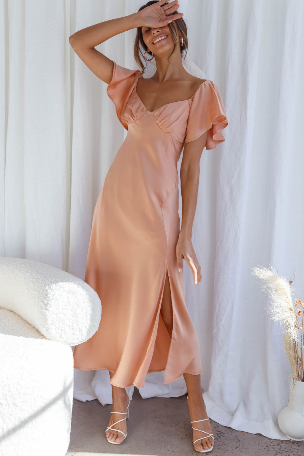 Park Avenue Flutter Sleeve Side Split Midi Dress Apricot by Selfie Leslie