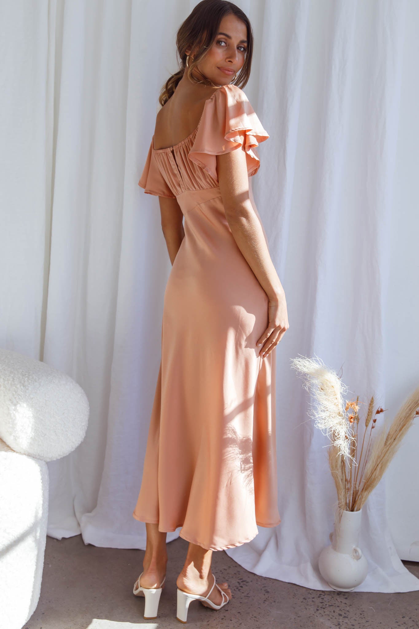 Park Avenue Flutter Sleeve Side Split Midi Dress Apricot Park Avenue Flutter Sleeve Side Split Midi Dress Apricot