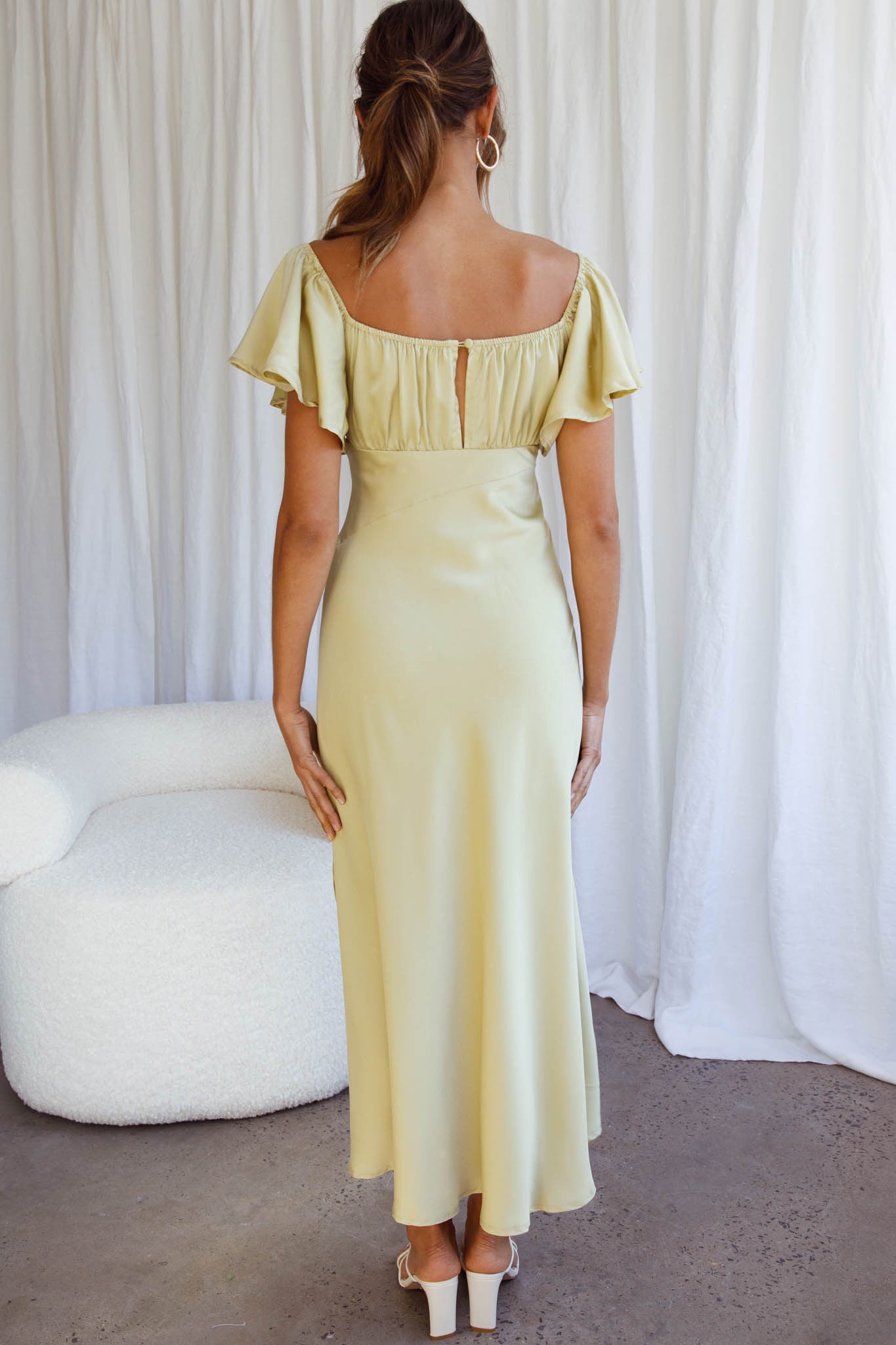 Park Avenue Flutter Sleeve Side Split Midi Dress Matcha | Selfie