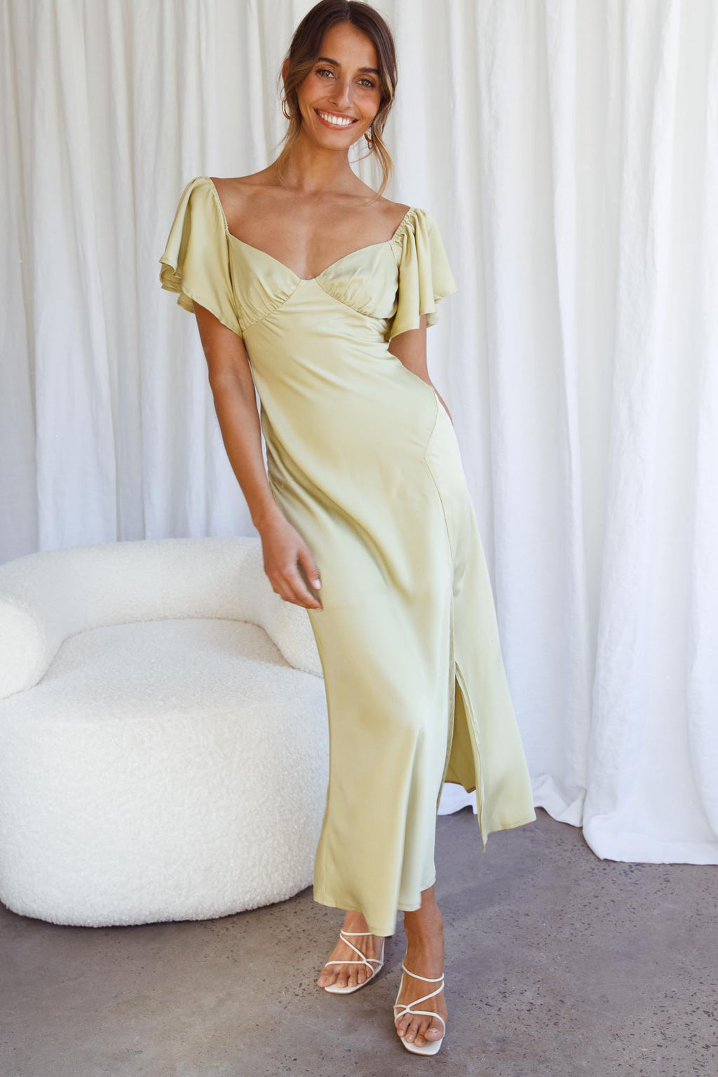 Park Avenue Flutter Sleeve Side Split Midi Dress Matcha by Selfie Leslie
