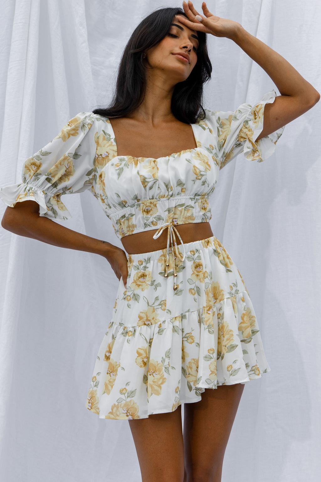 Lilibet Puff Sleeve Drawstring Crop Top Floral White by Selfie Leslie