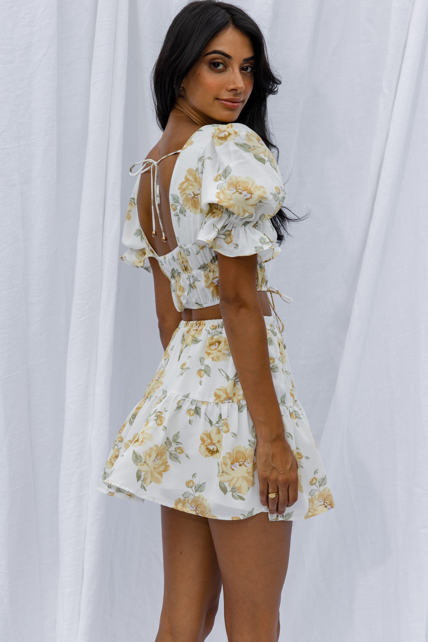 Lilibet Puff Sleeve Drawstring Crop Top Floral White by Selfie Leslie