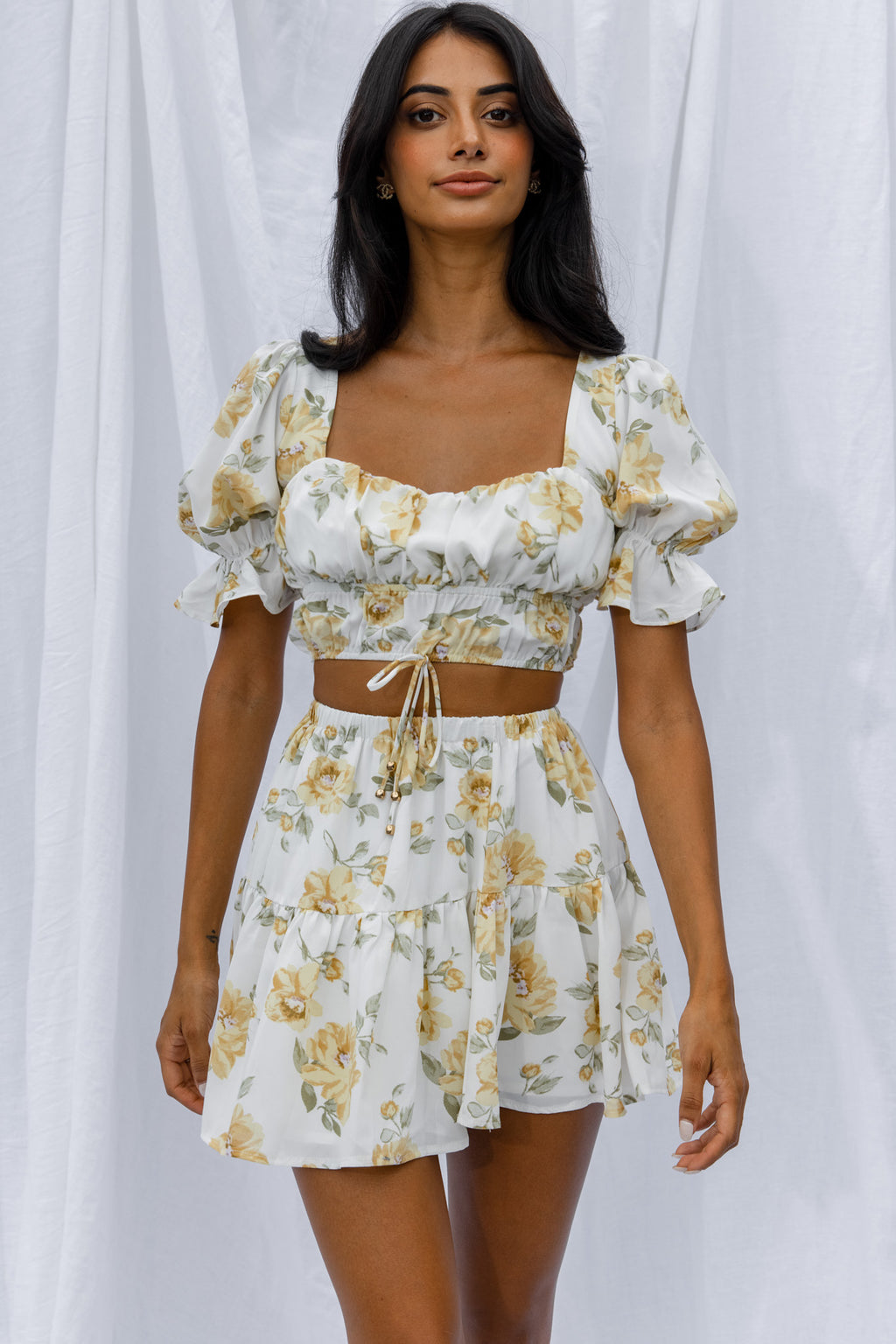 Lilibet Puff Sleeve Drawstring Crop Top Floral White by Selfie Leslie