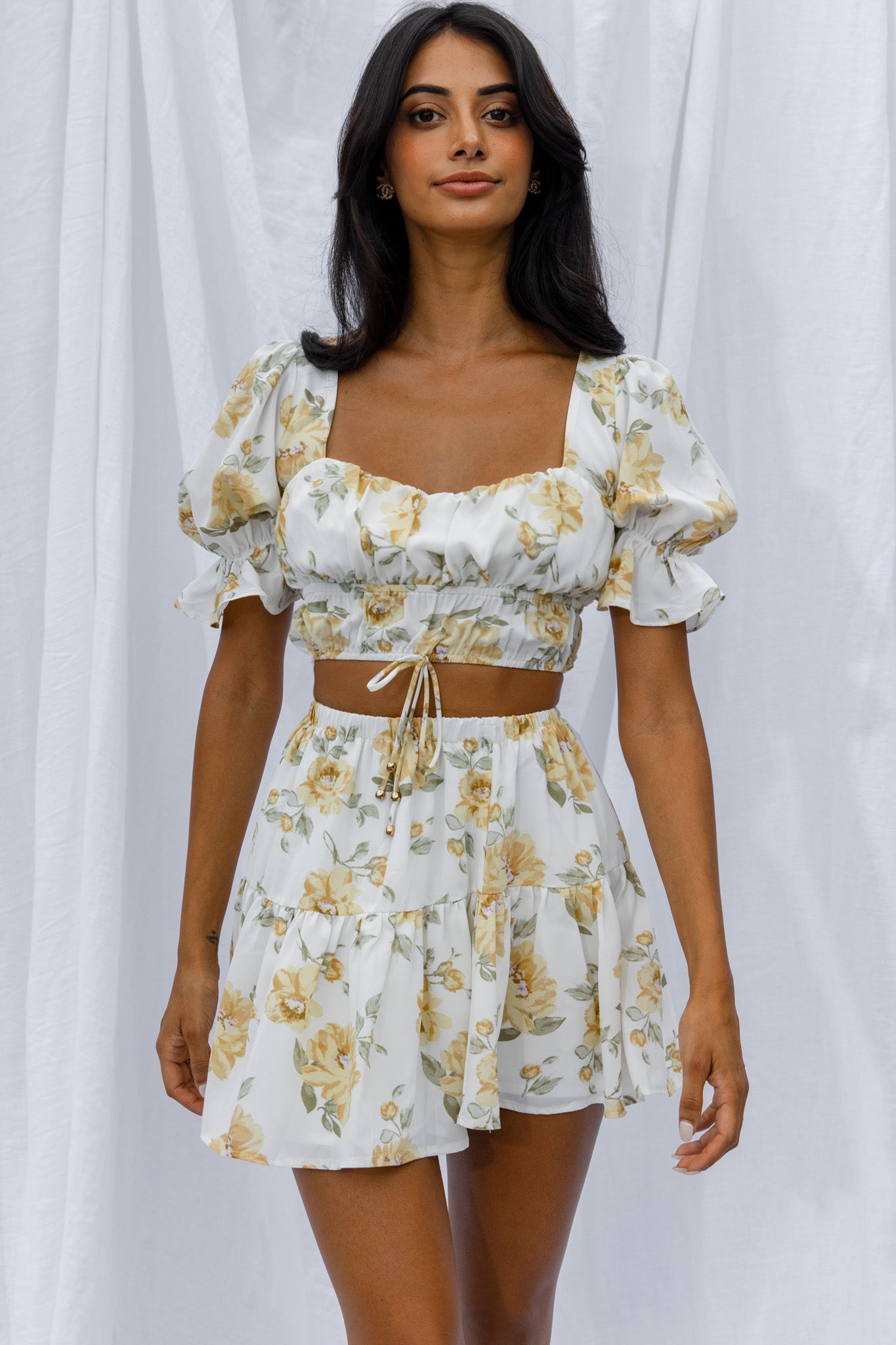 Lilibet Puff Sleeve Drawstring Crop Top Floral White by Selfie Leslie