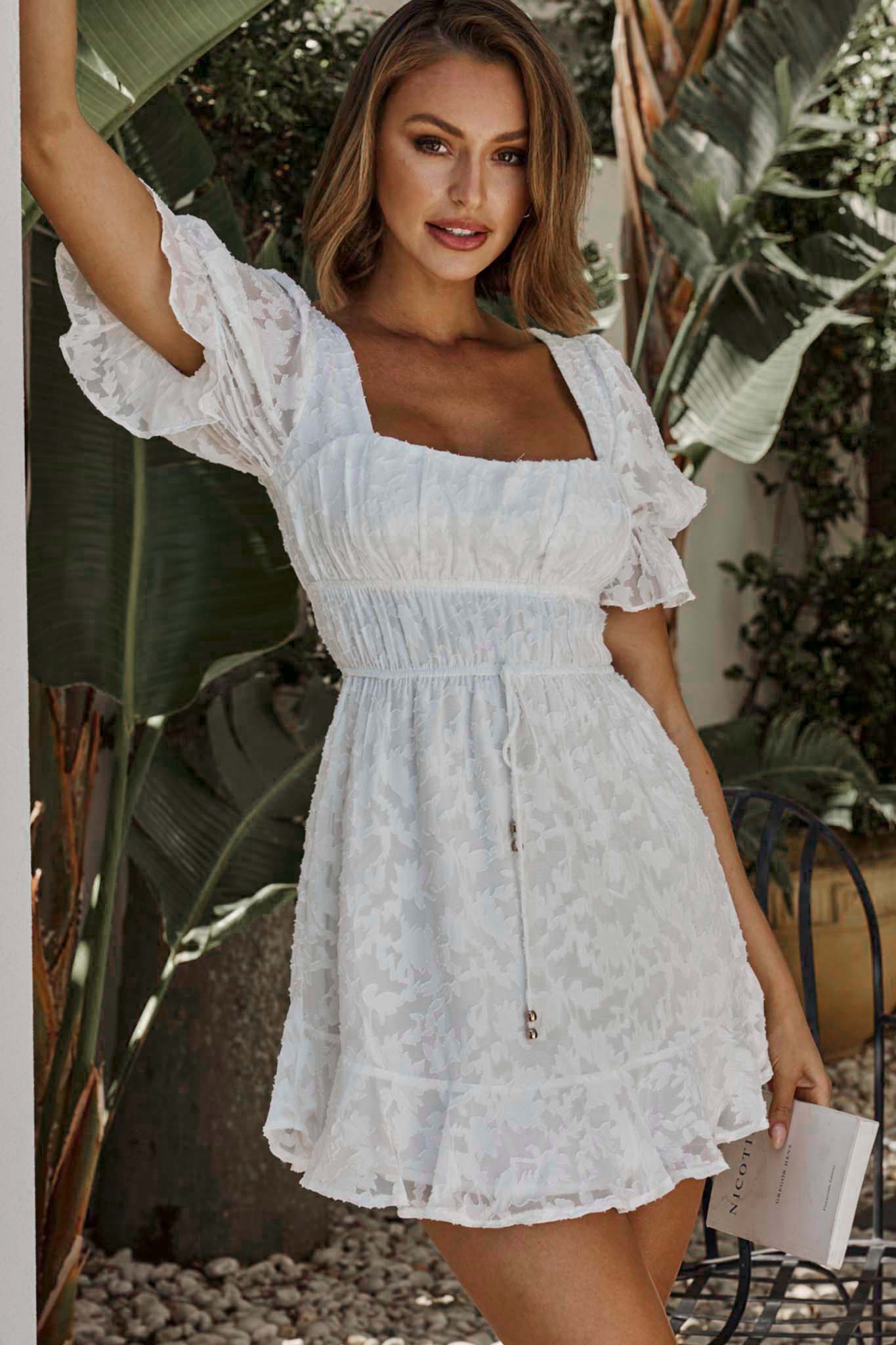 Shop the Lilibet Puff Sleeve Elasticated Waist Textured Dress White