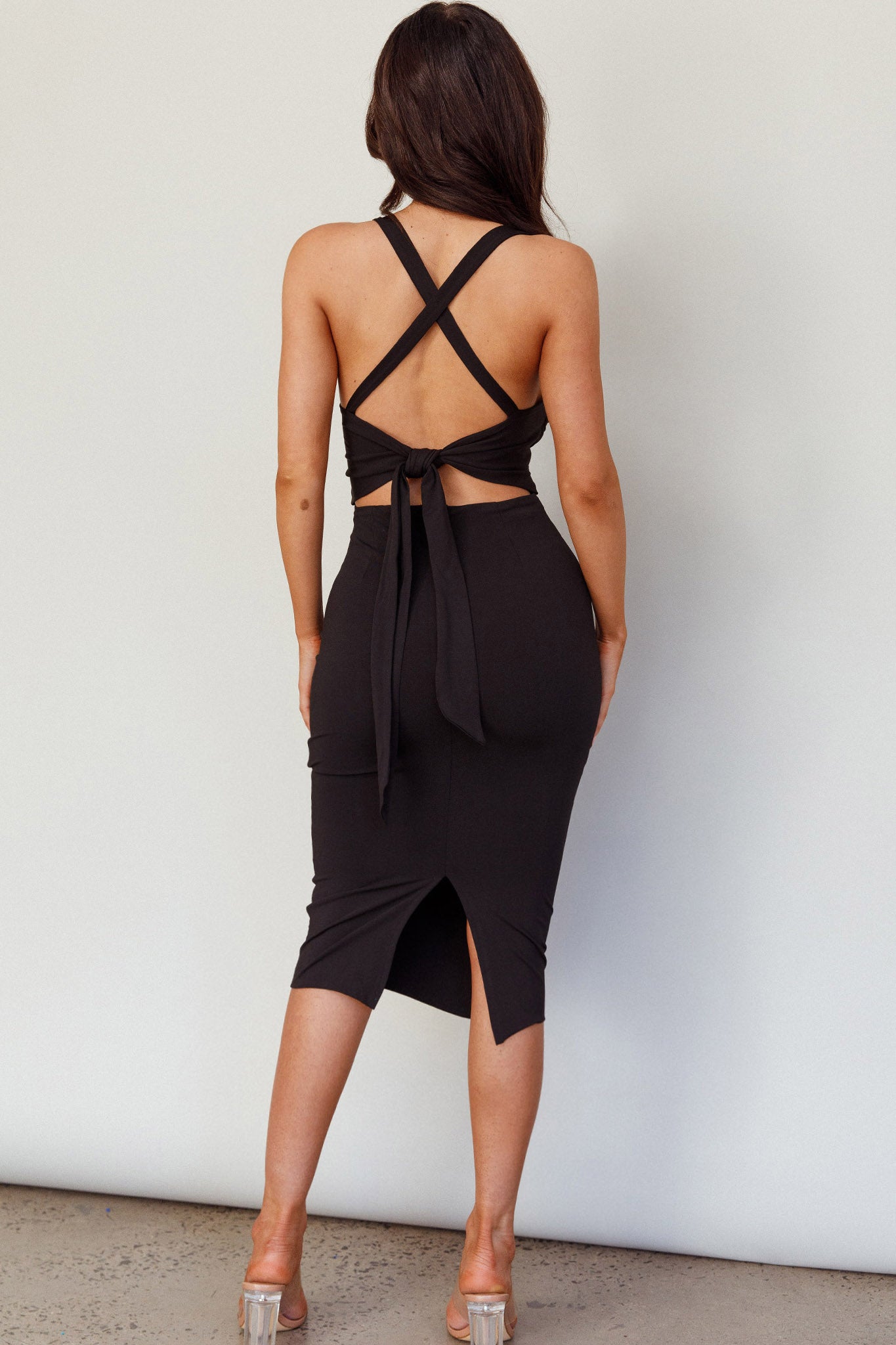 Samba Criss-Cross Back Midi Dress Black Selfie Leslie Samba Criss-Cross Back Midi Dress Black Selfie Leslie