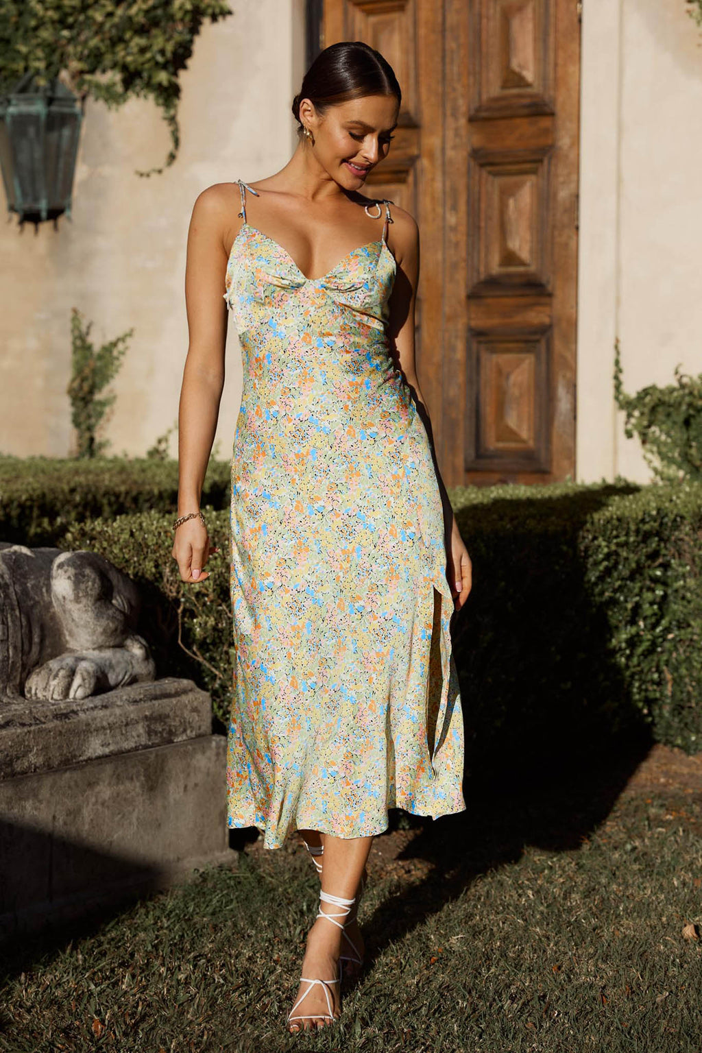 Uptown Girl String Tie Shoulder Front Split Midi Dress Yellow/Blue by Selfie Leslie