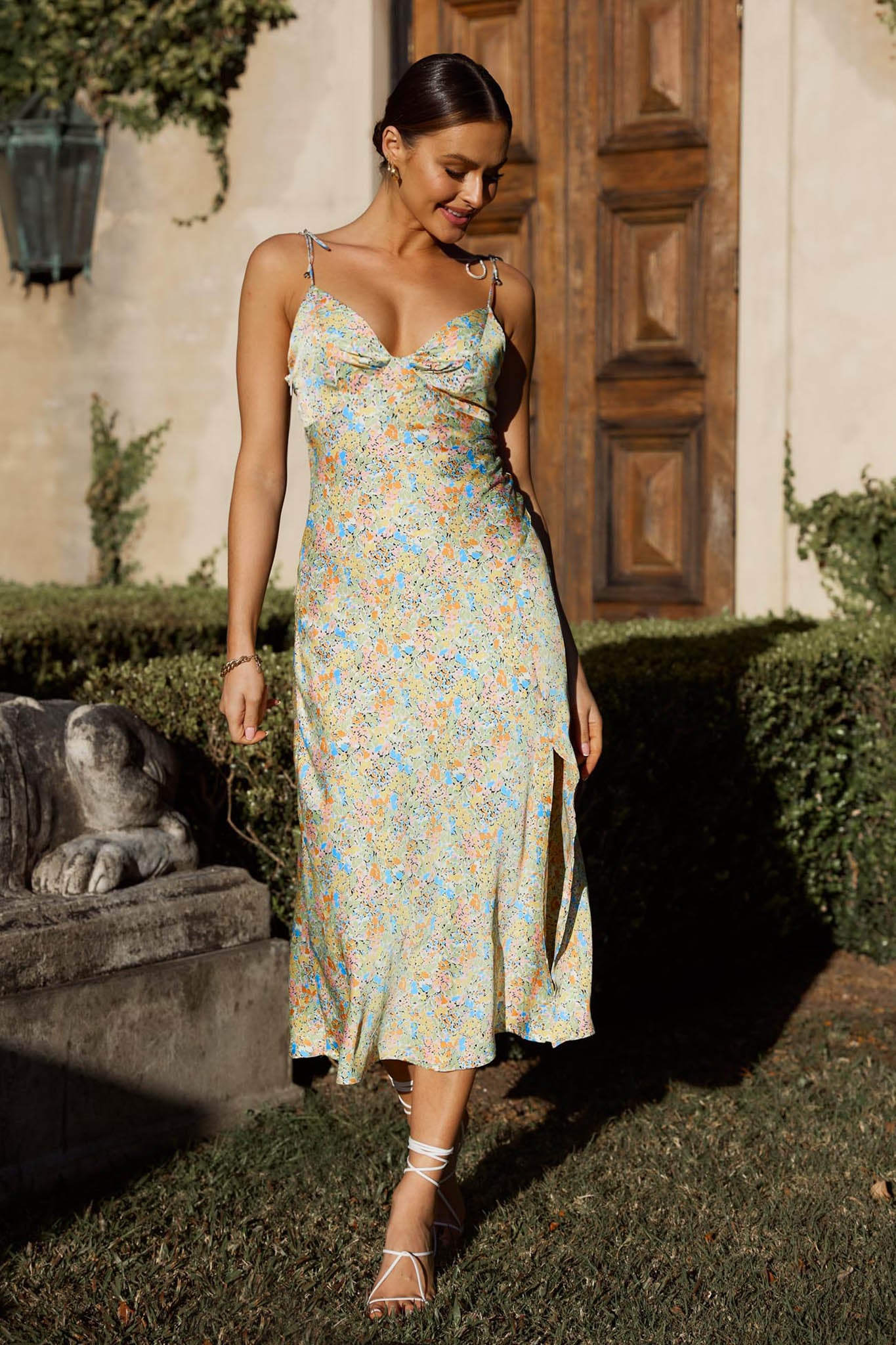 Uptown Girl String Tie Shoulder Front Split Midi Dress Yellow/Blue by Selfie Leslie
