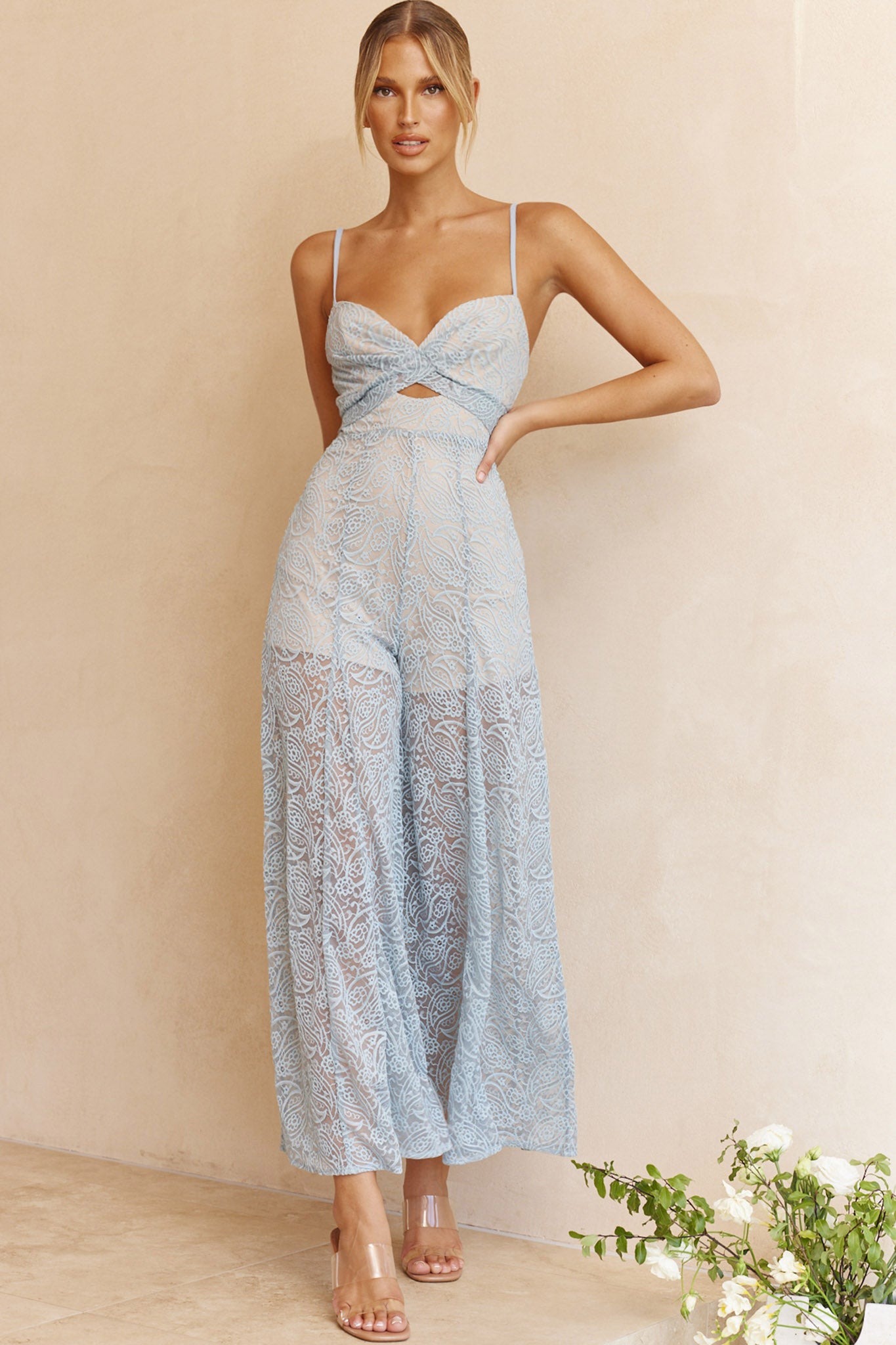 Shop the Just Like Heaven Crossover Bust Wide Leg Lace Jumpsuit Blue ...