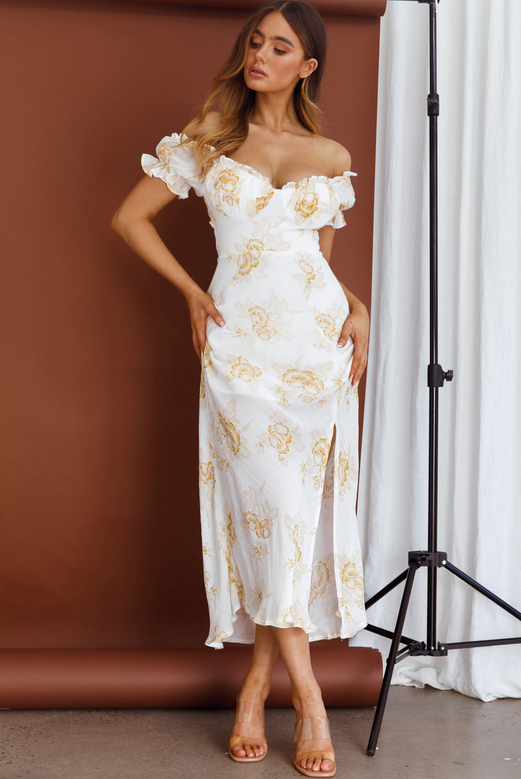 Pixie Puff Sleeve Midi Dress Floral Yellow by Selfie Leslie