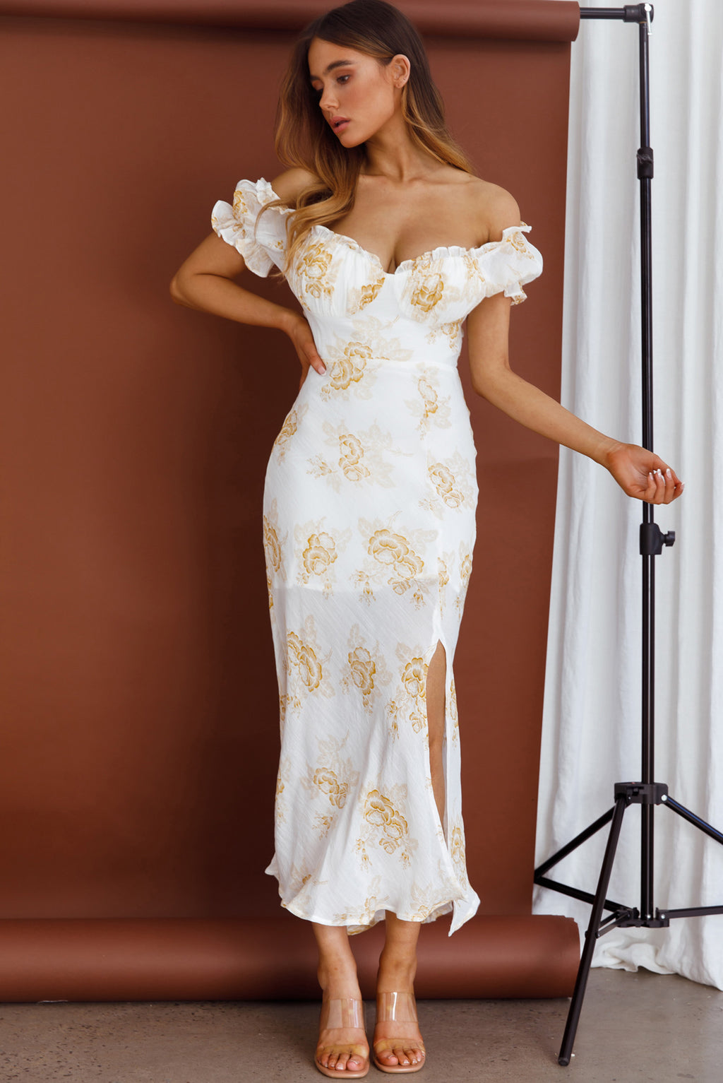 Pixie Puff Sleeve Midi Dress Floral Yellow by Selfie Leslie