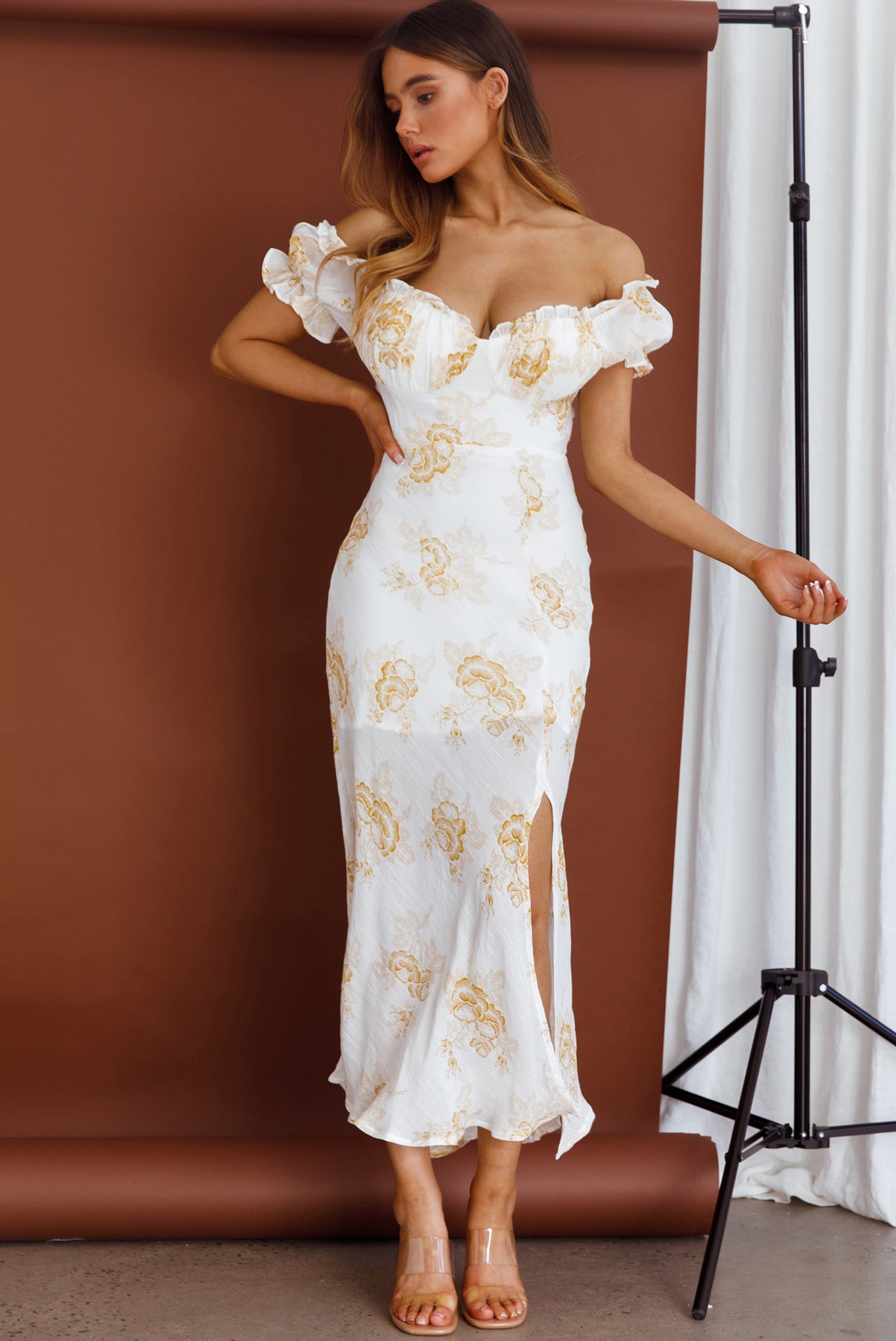 Pixie Puff Sleeve Midi Dress Floral Yellow by Selfie Leslie