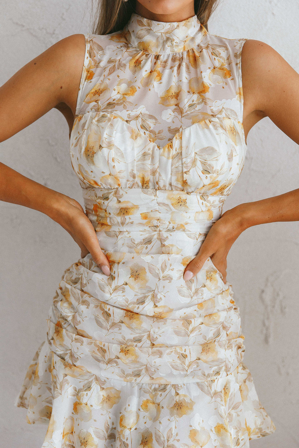 Monte Cristi High Neck Sleeveless Mini Dress Floral Print Yellow by Selfie Leslie